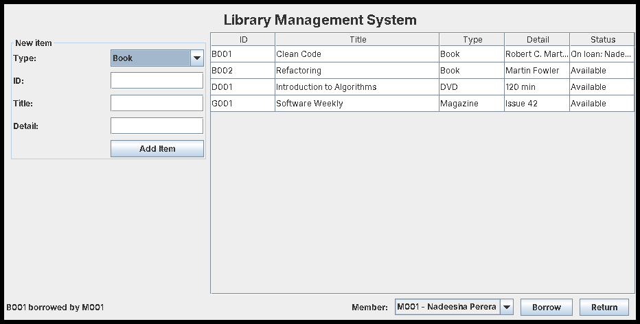 Select a row, choose a member, press Borrow