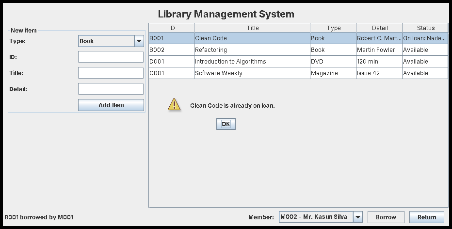 Borrow the same item again: the exception message becomes a dialog