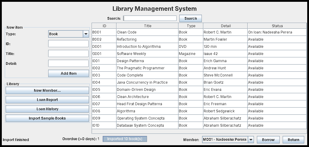 Ten books imported; the overdue label updates every 3 seconds